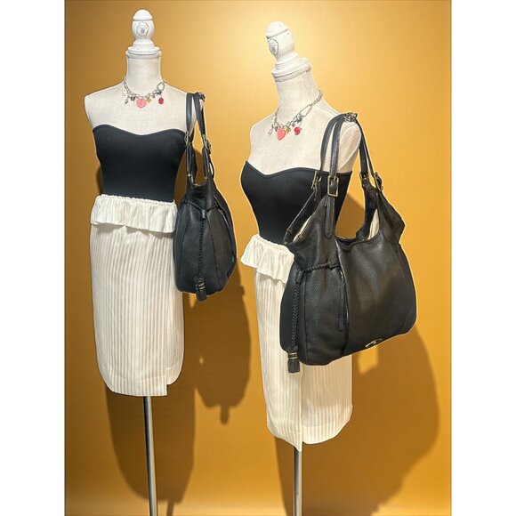 Elliott Lucca Sintra Shoulder Bag Black Pebbled Leather Hobo Zipper Tassels - Picture 2 of 9